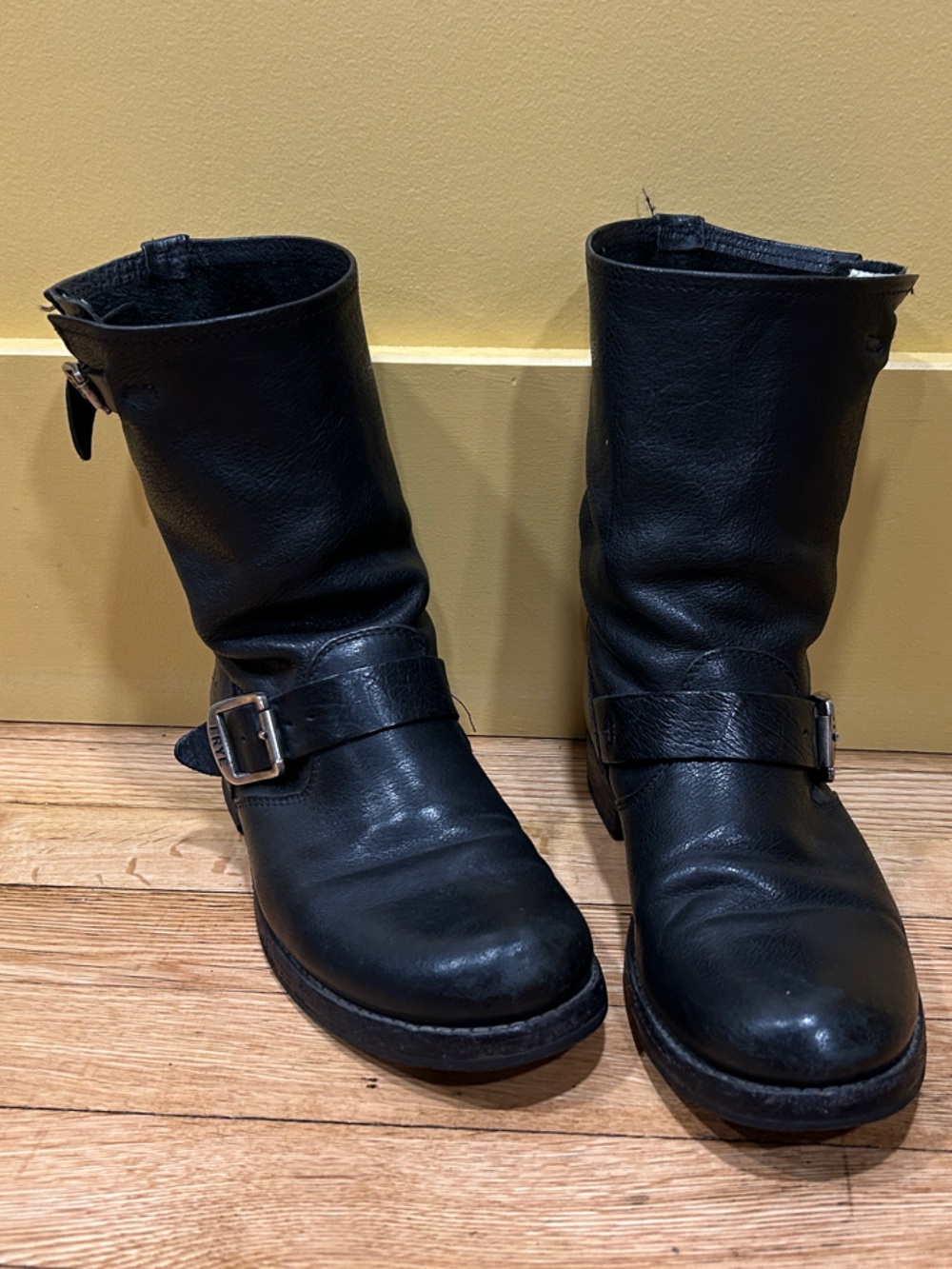 Frye Black Leather Slouch Engineer Boots with Buckles